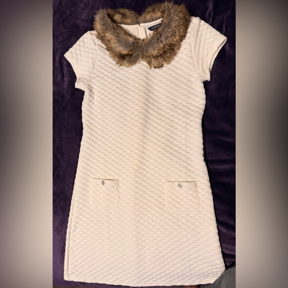 Nautica White GIRLS Dress with Faux Fur Collar SIZE 12